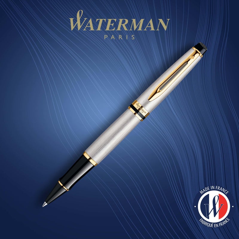 Waterman Expert Rollerball Pen  Stainless Steel with 23k Gold Trim  Fine Point  Black Ink  Gift Box - Image 2